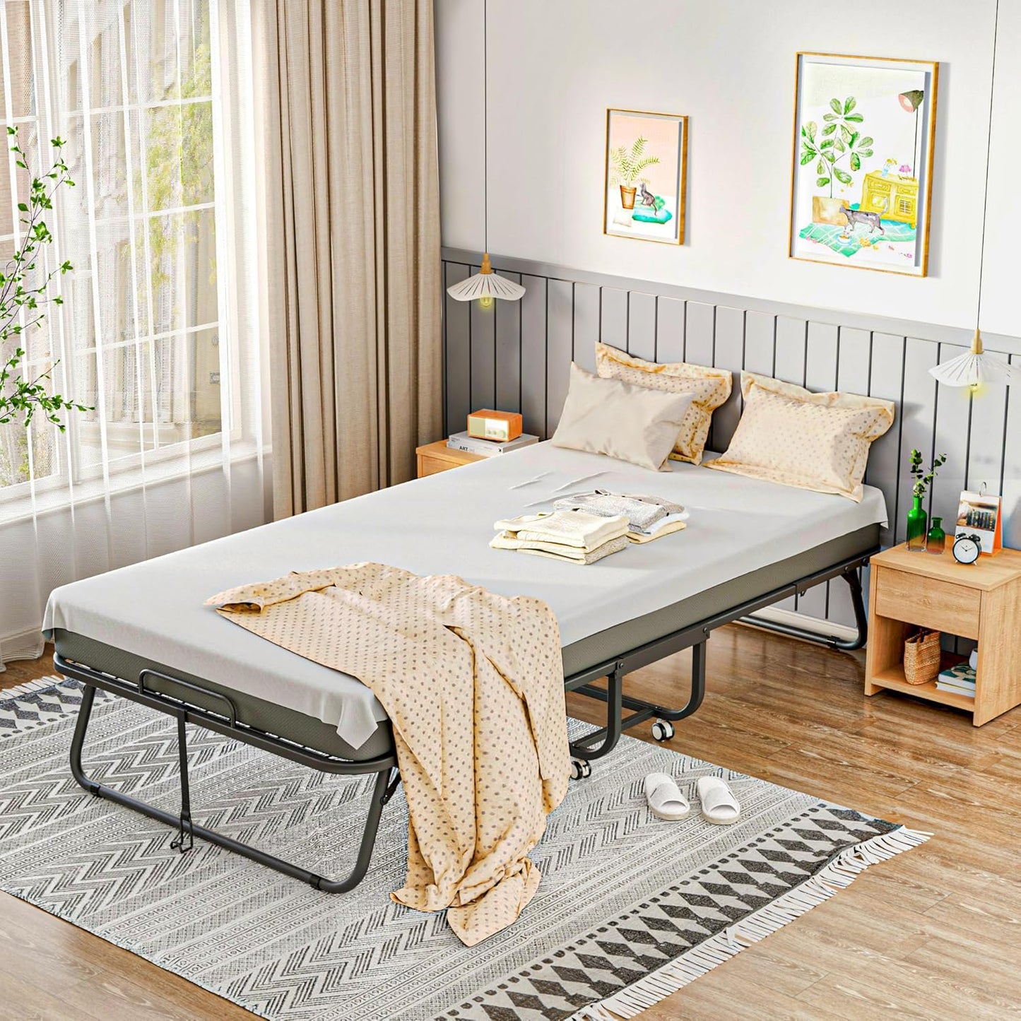 Greenvelly Folding Bed with 5 Inch Mattress, 75” x 38” Portable Rollaway Bed with Memory Mattress and Metal Frame for Adults,Guest, Twin Size,Cot Size