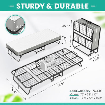 Greenvelly Folding Bed with 5 Inch Mattress, 75” x 38” Portable Rollaway Bed with Memory Mattress and Metal Frame for Adults,Guest, Twin Size,Cot Size