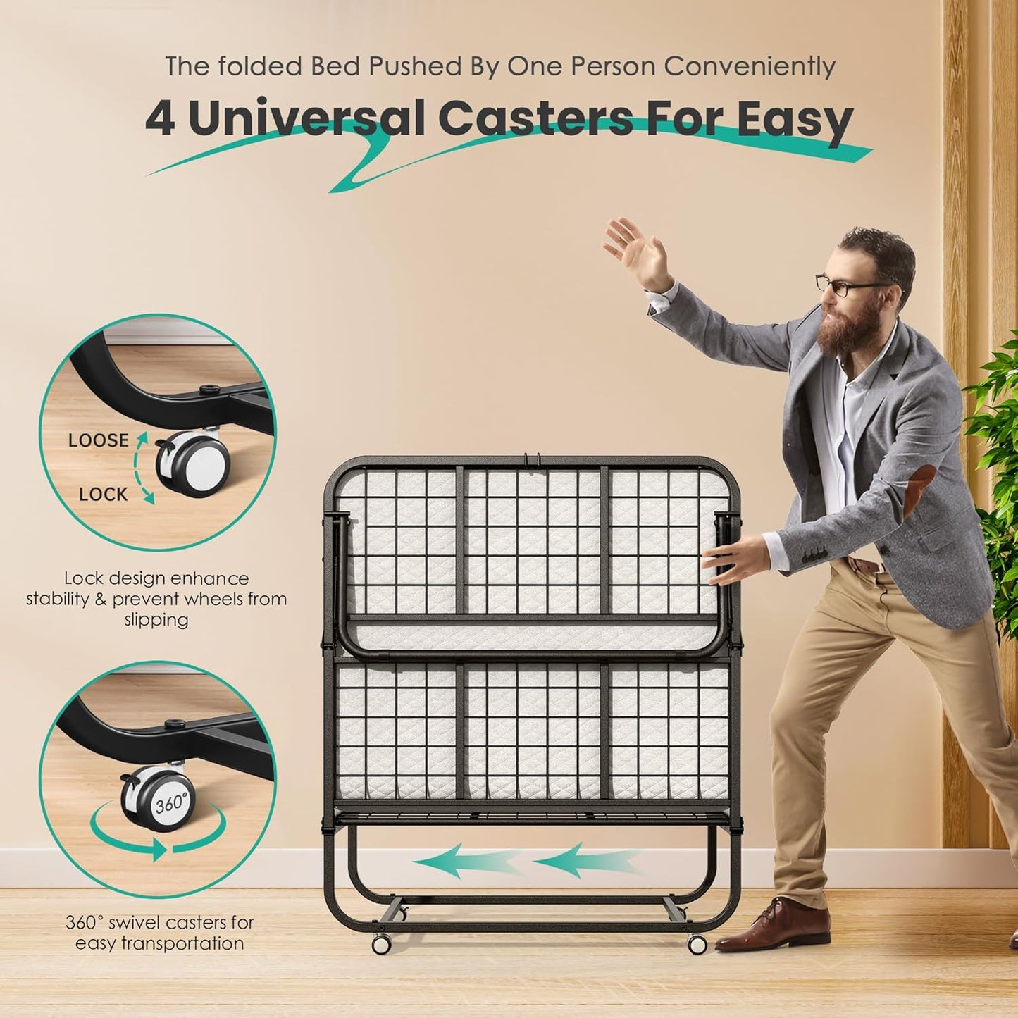 Greenvelly Folding Bed with 5 Inch Mattress, 75” x 38” Portable Rollaway Bed with Memory Mattress and Metal Frame for Adults,Guest, Twin Size,Cot Size