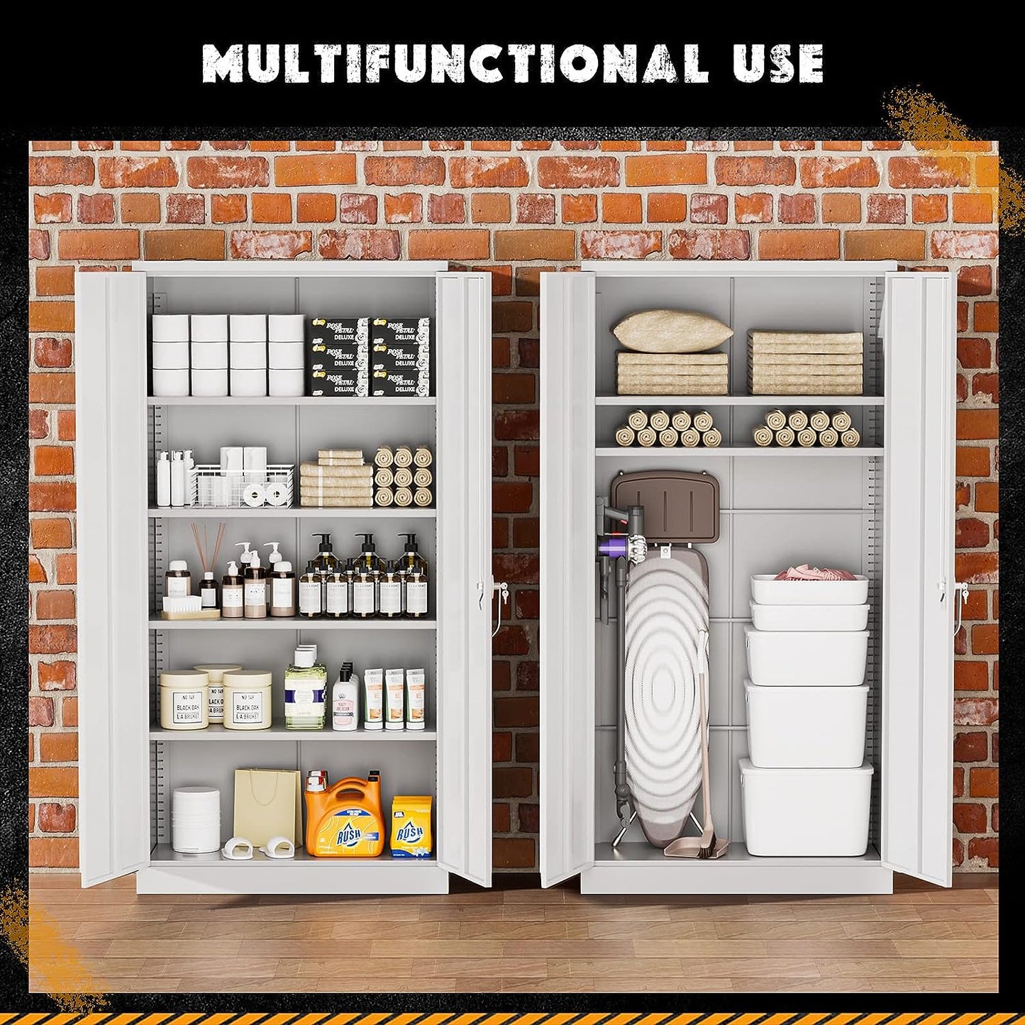Greenvelly 71” White Metal Garage Storage Cabinet with Doors and 4 Adjustable Shelves