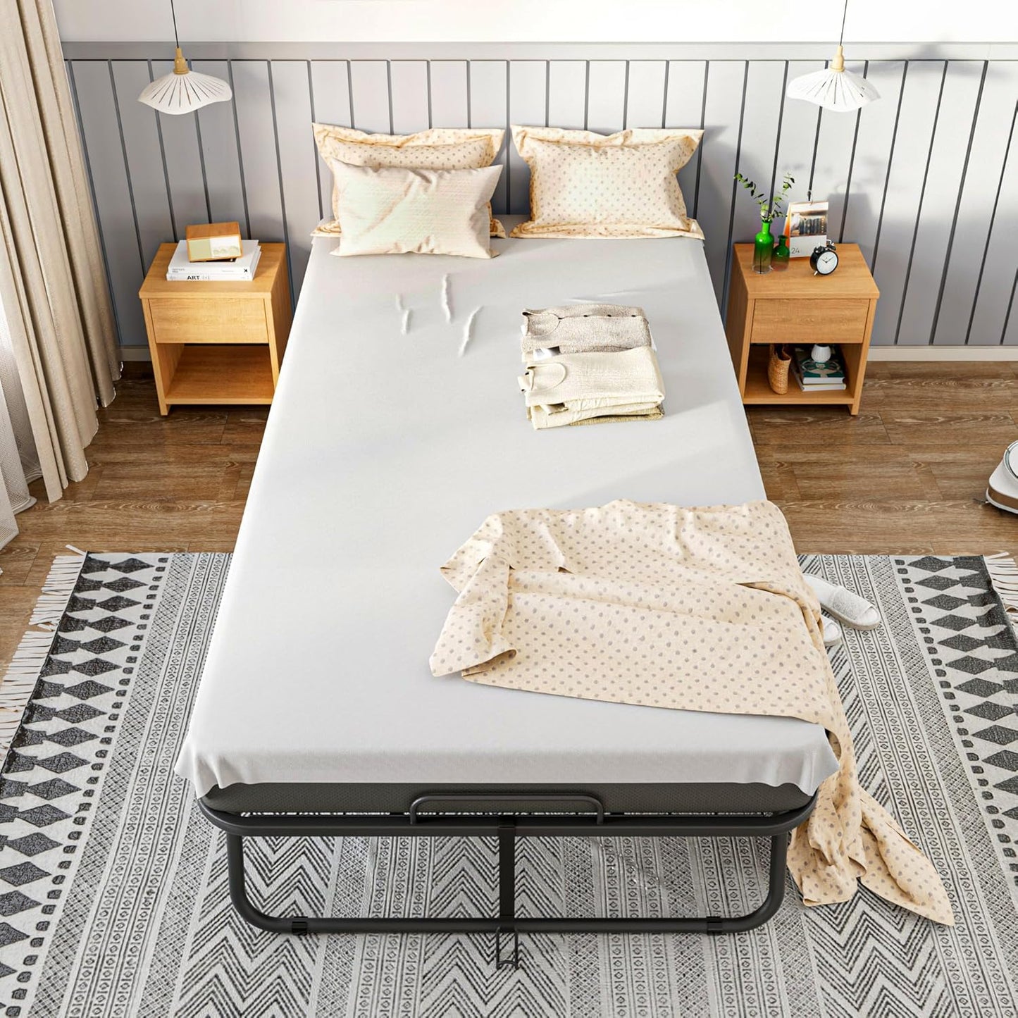 Greenvelly Folding Bed with 5 Inch Mattress, 75” x 38” Portable Rollaway Bed with Memory Mattress and Metal Frame for Adults,Guest, Twin Size,Cot Size